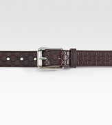 Leather belt with signature dress buckle. A textured design in micro guccissima leather. Dark palladium buckle 1.2 wide Made in Italy 