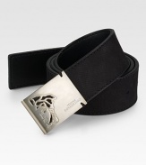 Elk-stamped Italian leather with logo and geometic design buckle.About 1½ wideMade in Italy