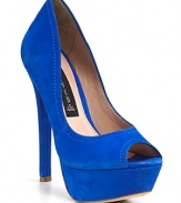 Lengthen legs with STEVEN BY STEVE MADDEN's towering platforms. With electric blue suede and a flirtatious peeptoe, they steal every show.