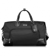 Works for the weekend!  Packed with style & sophistication, this sporty upgrade combines dependable durability with professional, feminine detailing, so you can travel with ease & in style. Classic embossed leather trim defines the exterior, while a elastic shoe pockets & bags, a velvet-lined jewelry pocket, media pocket & more make it easy to pack up & get out. 5-year warranty.