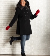 Salute the cold weather season in style with American Rag's double-breasted plus size coat, finished by a faux fur collar.