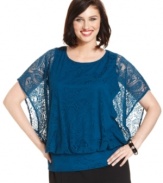 Look amazing in lace with Alfani's butterfly sleeve plus size top, finished by a banded hem.