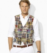 Emblazoned in authentic cotton madras, the lightweight Tovil patchwork vest epitomizes heritage style in a trim-fitting silhouette