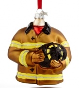 A fitting gift for the firefighter in your life, this glass ornament from Midwest depicts the everyday heroes' jacket and helmet.