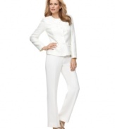 Tahari by ASL redefines elegance with this beautiful suit, featuring a textured tweed jacket with pearlescent button closures and tailored bootcut pants.