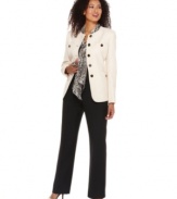 Kasper's latest suit is all about striking contrasts, featuring a printed scarf, a cream-hued jacket with glossy enamel and goldtone buttons and a pair of sleek, solid black pants.