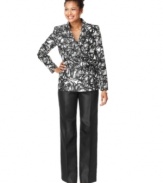 This special occasion suit by Le Suit features a stunning wrap-style printed jacket with a tie detail at the waist. The pants are elevated by a shantung texture and an amazing fit.