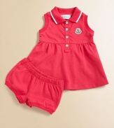 Sweet and sporty, in soft pique knit, a charming and comfy warm-weather look for your little girl.Ribbed polo collar with striped tippingSleeveless with ribbed armholesButton placketLogo appliqué at chest Softly gathered Empire waistMatching bloomer with elasticized waist and ribbed leg openings96% cotton/4% elastaneMachine washImported Please note: Number of buttons may vary depending on size ordered. 