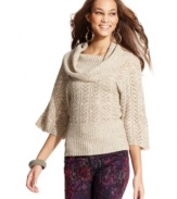 Slip into this comfy-cozy sweater from Dolled Up! Pointelle-knit design, three-quarter sleeves and an oversized cowl neck inspire warm thoughts.