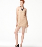 Channel the roaring twenties with a metallic, fringe trimmed Bar III shift dress -- perfect for standout soiree style!