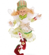 Enter the enchanting world of Mark Roberts with the Candymint Pixie figurine, featuring a ruffled dress with elements of shimmering gold and green tinsel. Bend the arms and legs to make her sit, stand and dance!