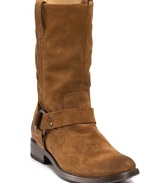 An updated take on a classic style, these Frye suede boots feature straps and harness rings and for cool-weather cache.