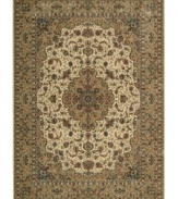 Distinctive flair with roots in Persian design. This exquisitely ornate area rug is abound in light, appealing ivory and gold tones, highlighted by a dramatic central medallion, and crafted from Nourison's own Opulon(tm) yarns for a densely woven pile with long-lasting color retention and durability.