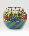 A stunning look mouthblown from recycled Spanish glass and individually handpainted with stripes, a garland of summer blooms and golden lattice accents. 32-ounce capacity 4¾H X 5¼ diam. Hand wash Imported