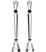 Straight faceted cuts and glamorous black accents in crystal Essex candle holders refract light for eye-catching shine no matter how you look at it. Bold geometric shapes appeal in modern settings and make a beautiful gift for style-minded brides.