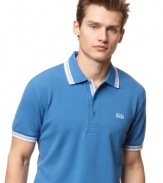 Not simply a polo.  Hugo Boss's take on this class warm weather staple is chic with collar and armband tipping and look great with jeans or khakis.