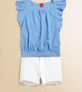 Classic denim shorts get a modern update in an angelic hue with frayed edges.Front button closureZip flyWaistband with belt loopsScoop front pocketssBack patch pocketsFrayed hemCottonMachine washImported of domestic fabric