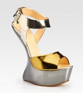 Metallic patent leather in contrasting tones with an architectural wedge, sturdy platform and adjustable ankle strap. Metal wedge, 6¼ (155mm)Covered platform, 1½ (40mm)Compares to a 4¾ heel (120mm)Metallic patent leather upperAdjustable ankle strapLeather lining and solePadded insoleMade in Italy