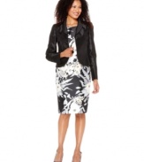 Le Suit's new suit is a refreshing alternative to solids, featuring a pretty, floral-printed sheath dress and a luxe shantung jacket.