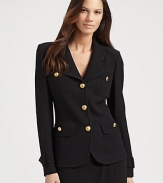 Wonderfully textural knit bouclé wool, in a classic silhouette dressed up with crepe marocain patch pockets and bold goldtone buttons.Notched lapelsButton frontCrepe marocain patch pockets with buttonsCrepe marocain tab details at cuffsAbout 25 from shoulder to hem72% wool/28% rayonDry cleanMade in USA
