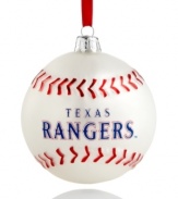 Bring year-round cheer to Texas with the MLB baseball ornament from Kurt Adler. It's a guaranteed hit with Rangers fans in red and white glass.