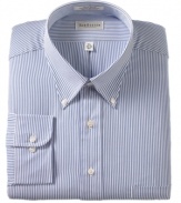 Crafted in a comfortable cotton blend, this striped oxford dress shirt from Van Heusen is a versatile complement to your Monday through Friday rotation.