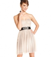 A metallic underlay adds subtle shimmer to this strapless dress from Hailey Logan. Finished with a rhinestone-studded band at the waist, this party frock is a pretty choice for dancing the night away.