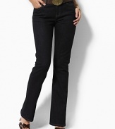 These straight-leg jeans are designed in stretch cotton denim for comfort and a flattering fit. Moderate low-rise waist, sleek hip. Zip fly with shank closure. Five-pocket style with metal rivets at points of wear. Back right pocket features the signature LRL embroidered logo. Leather logo patch accents the back waist. Inseam, about 29.