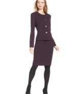 Evan Picone's skirt suit looks sleek with a collarless neckline and decorative buttons. A great option for the office and beyond.