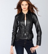 A peplum hem gives this faux leather moto jacket from INC feminine flair.