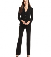 Subtle pinstripes add a menswear-inspired touch to Tahari by ASL's feminine-cut pantsuit. Buckle details help define the waist, too.