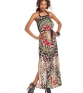 A butterfly-inspired floral print makes a summer statement on this Andrew Charles maxi dress -- a side slit adds eye-catching appeal!