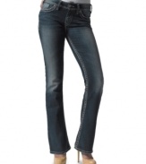 Silver Jeans turns up the sophistication with a pair of dark wash bootcut denim that belongs in every girl's closet. A wardrobe must thanks to the style's chic versatility!