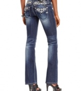Southwest-inspired embroidery and rhinestones adds eye-catching appeal to these Miss Me bootcut jeans -- perfect for daytime glam!