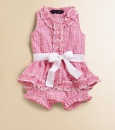 An adorable set is rendered in a soft, preppy gingham and pairs a sweet dress with a matching ruffled bloomer.Stand collar with ruffled trimSleevelessRuffled front button placketRemovable grosgrain beltRuffled hemElastic waistband and leg openings with ruffle trimCottonMachine washImported Please note: Number of buttons may vary depending on size ordered. 