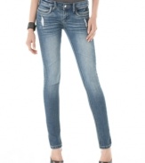 Sequins & rhinestones glam up these destroyed Dollhouse skinny jeans for a tough-chic look!