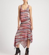 Abstracted, variegated stripes add color to this casual, flattering stretch style.ScoopneckSleevelessBanded drop waistAsymmetrical handkerchief hemlineAbout 33 from natural waist95% viscose/5% spandexMachine washMade in USA of imported fabricModel shown is 5'11 (180cm) wearing US size Small. 