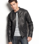 Rev up your look. This faux leather moto jacket from Calvin Klein is the coolest top layer.