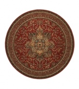 With regal designs that pay homage to the ancient art of rug-making, this piece imparts a classic, yet modern feel with rich colors that reflect the most popular looks of today. Featuring a dramatic center medallion, sweeping out in a burst of branches and blossoms, and accented in deep tones of antique red. Meticulous power-loom construction with Couristan's patented locked-in-weave and crystal-point finish. 25-year limited warranty.
