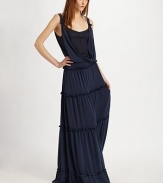 Soft, layered jersey in this season's must-have maxi silhouette, finished with tiered ruffles at the skirt.ScoopneckGathered shoulder strapsCrossover overlayWide waistbandTiered skirtAbout 64¼ from natural waistPolyesterDry cleanImported