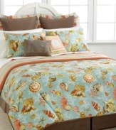 Under the sea! A fun and vibrant seashell pattern sits on a ground of soothing aqua that is reminiscent of serene ocean water in this Barbado comforter set. Comforter reverses to an allover stripe pattern in coordinating hues while bedskirt and European shams offer solid-colored accents. Two decorative pillows features seashell and stripes accents to tie this seaside-inspired look together.