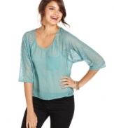 Dress to charm! Eyeshadow's three-quarter sleeve top features sheer lace and loads of feminine attitude.