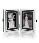 Add new elegance to beautiful memories with Vera Wang's With Love Dusk folding picture frame. Geometric detail lends metallic shimmer to slate-blue enamel in a home accent that invokes modern and deco design.