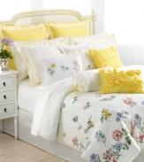 Sculpted of pure cotton, this decorative pillow from Lenox features a series of soft picot edged ribbons in daffodil yellow. So graceful and elegant, this pillow enhances the charming Flowering Meadow bedding collection.