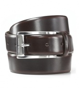 Sleek brown dress belt with silvertone, brushed buckle. Hugo Boss engraved on buckle.