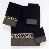 Luxurious sheared velour towel is embellished with a contemporary border featuring cheetah animal print and textured snakeskin fabric combined for a great look.