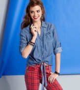 So obsessed with this chambray button-down from Confess! Featuring bold topstitch detail and tie-front design, this top is a smart companion to the season's boldest denim.