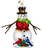 Tis' the season for friendly gatherings in this handcrafted ornament from Christopher Radko. A snowman complete with a winter outfit bonds with a duo of sweet birds for touch of winter cheer.