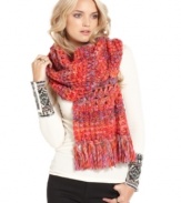 In a bright multi-colored yarn, this oversized Free People crochet scarf is perfectly textured for a hot layered look!