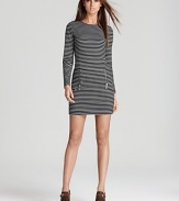 Bullish zip accents interrupt a striped MICHAEL Michael Kors dress for a look brimming with modern edge. Keep the silhouette strong with sleek pumps.